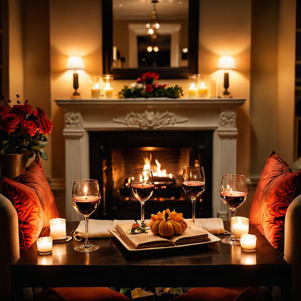 A romantic candlelit setting featuring a couple intertwined, surrounded by elegant decor, soft fabrics, and sensual props that evoke desire. Subtle floral arrangements and plush pillows enhance the intimate atmosphere, while silhouettes of a fireplace create warmth. A bottle of wine and two glasses are elegantly placed nearby, suggesting an inviting evening. The mood is luxurious yet inviting, filled with soft lighting and vibrant colors. super-realistic. warm tones. intimate atmosphere.