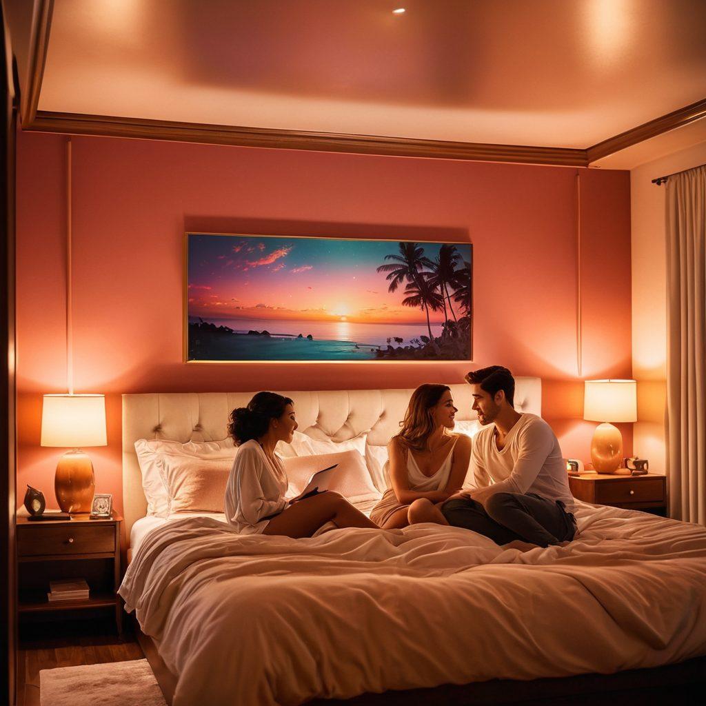 A cozy, intimate setting with a soft-lit bedroom featuring a stylish bed adorned with luxurious pillows. In the foreground, a diverse couple sharing a playful, affectionate moment, surrounded by subtle hints of adult-themed films like movie posters and a softly glowing projector. A blend of sensuality and exploration in the air, with warm, inviting colors enhancing the romantic vibe. soft focus. vibrant colors. 3D.