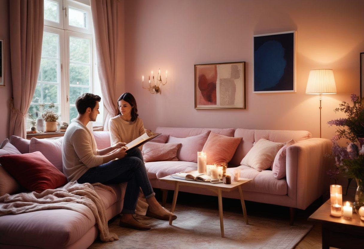 A cozy, softly lit room with a couple sitting closely on a plush sofa, their fingers intertwined. Surround them with scattered art supplies and romantic candles, symbolizing their journey of sensual exploration. The atmosphere should evoke warmth and intimacy, with soft colors like blush, lavender, and deep blue. Include subtle details like a half-finished painting on an easel and a glass of red wine. super-realistic. warm tones.